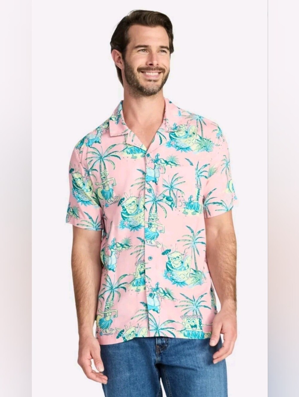 SpongeBob SquarePants Men’s Tropical Button Up Shirt Pink XL NWT